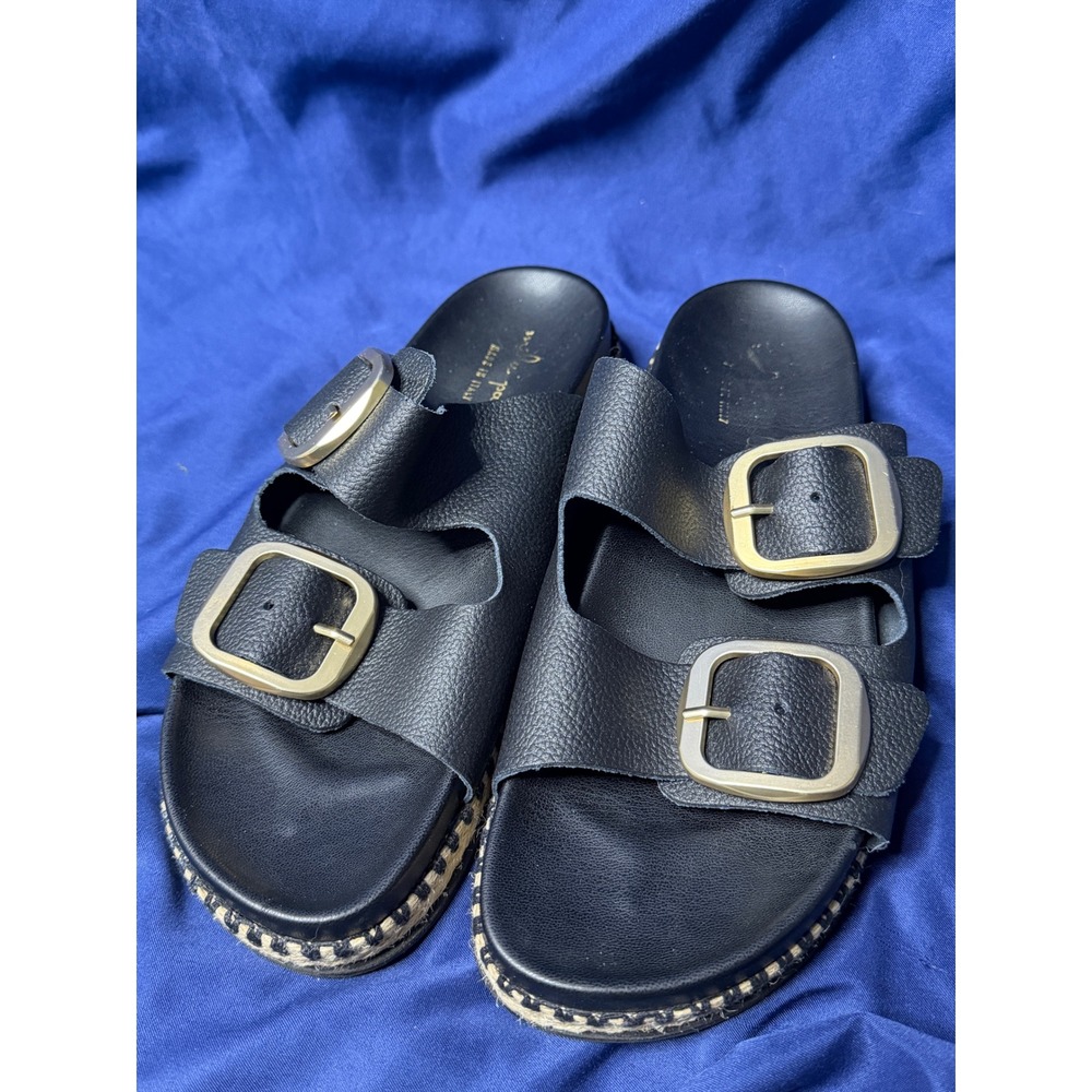 Mila Paoli Black Leather Double Buckle Slide Sandals Made in Italy Jute Trim 40
